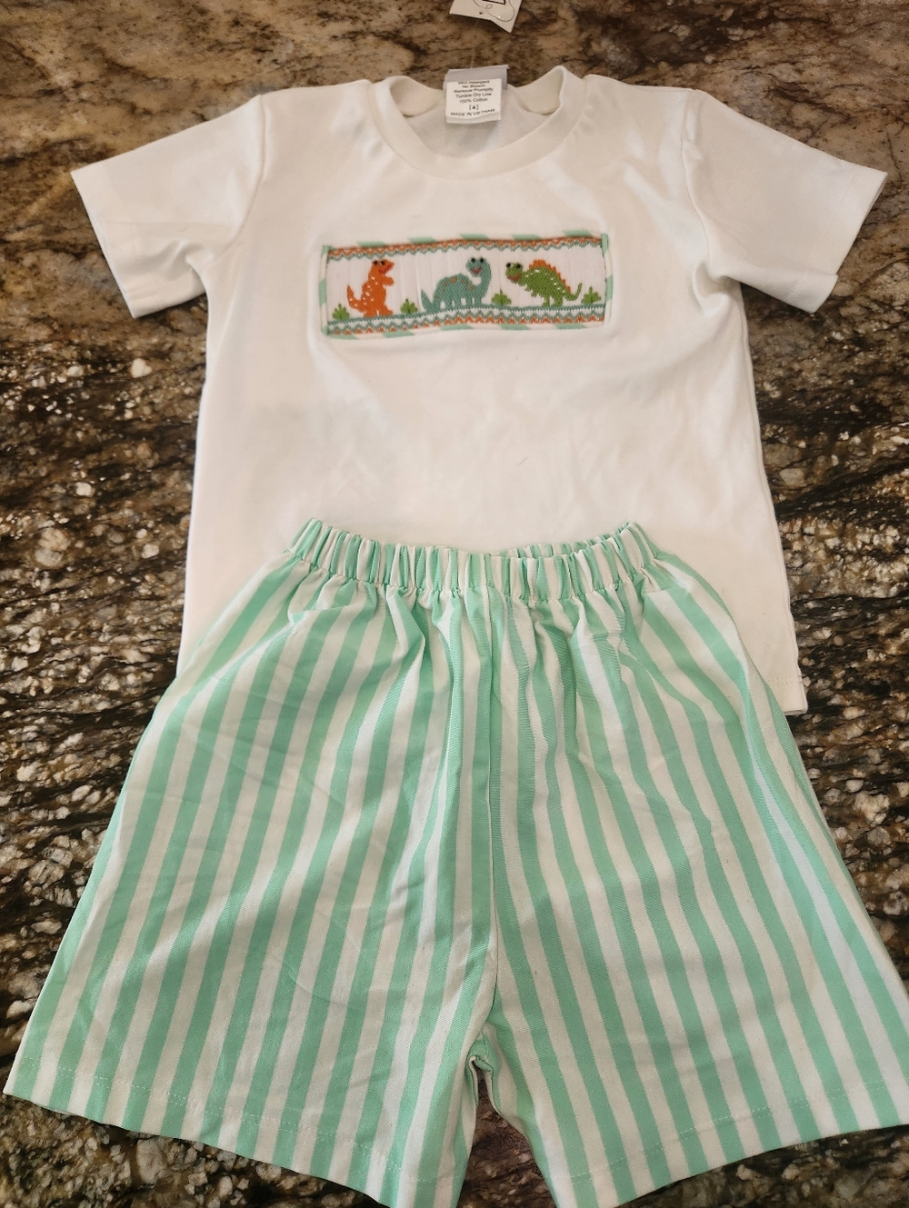 White & Mint Kids Set with Dinosaur Smocked Patch